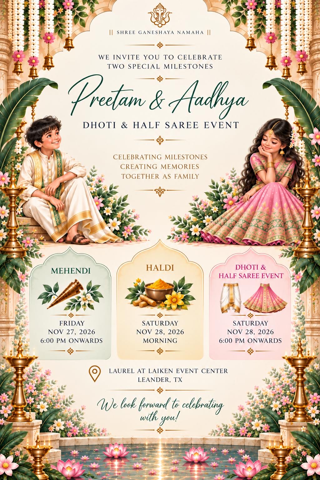 Invitation details for Preetam and Aadhya's Dhoti and Half Saree Event